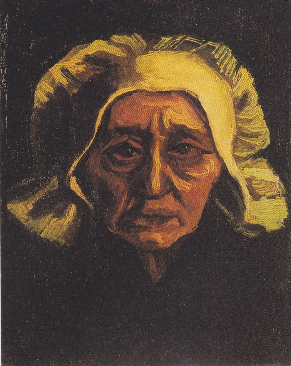 Pää vanha talonpoika nainen valkoisella hupulla tekijältä Vincent van Gogh