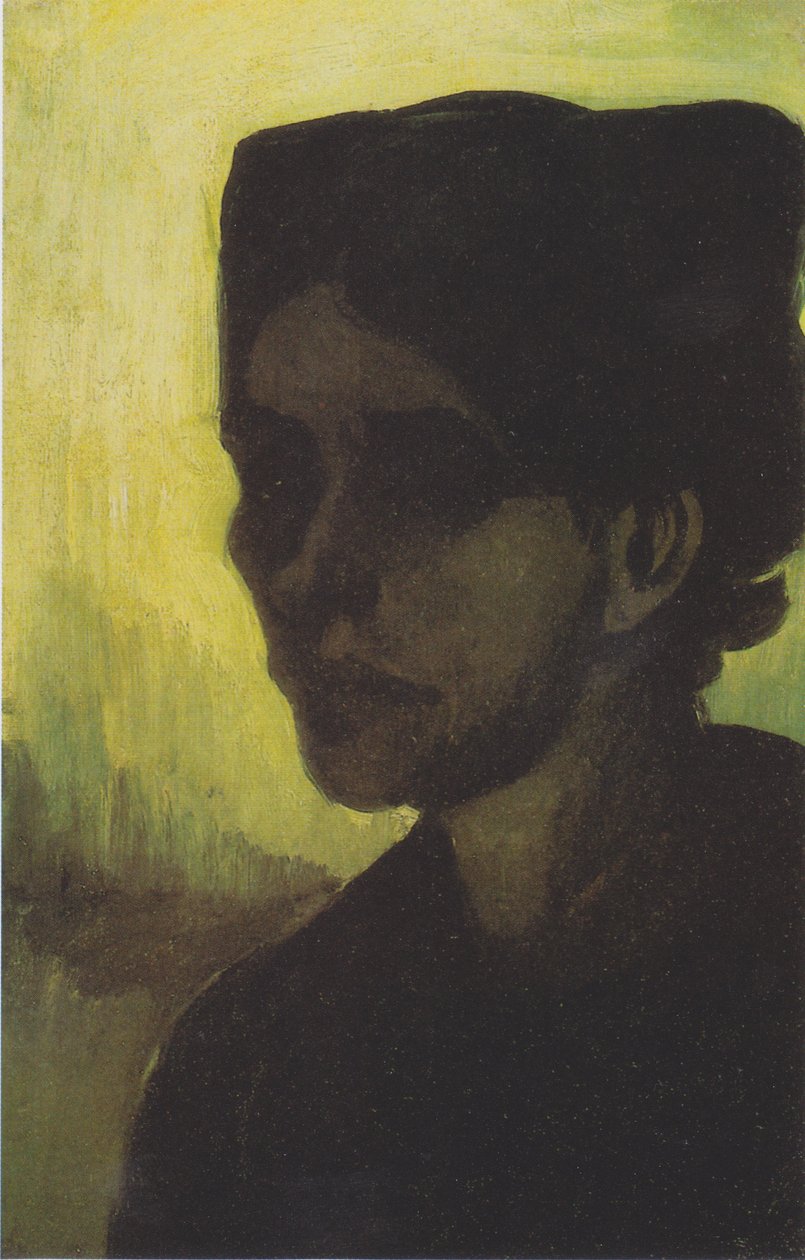 Nuoren talonpoikaisen naisen pää, jolla on tumma konepelti tekijältä Vincent van Gogh