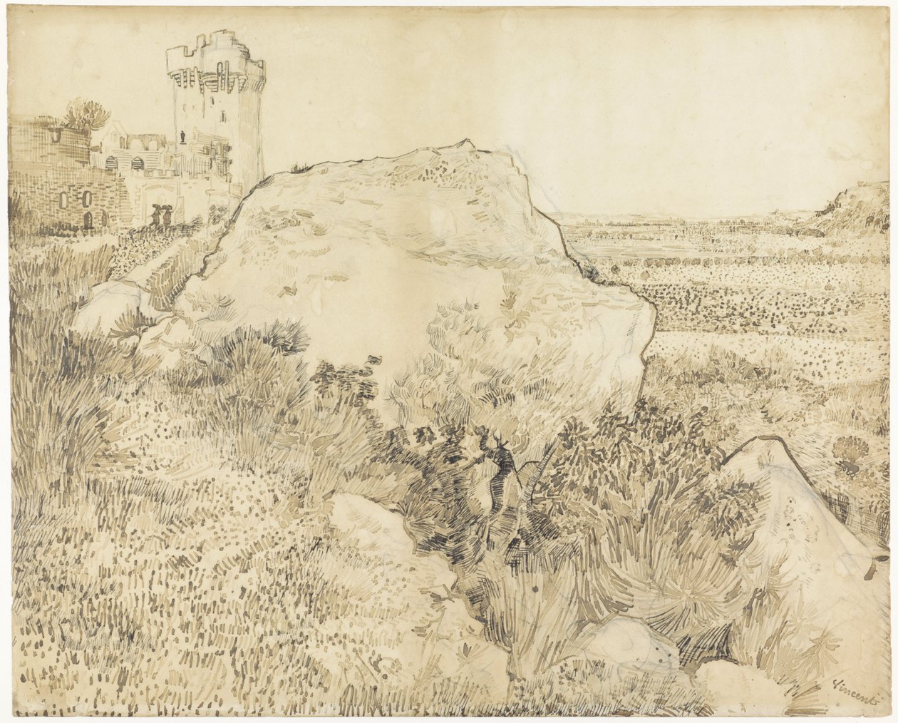 Maisema Montmajour Abbeyssa Arlesissa, 1888 (kynä paperille) tekijältä Vincent van Gogh
