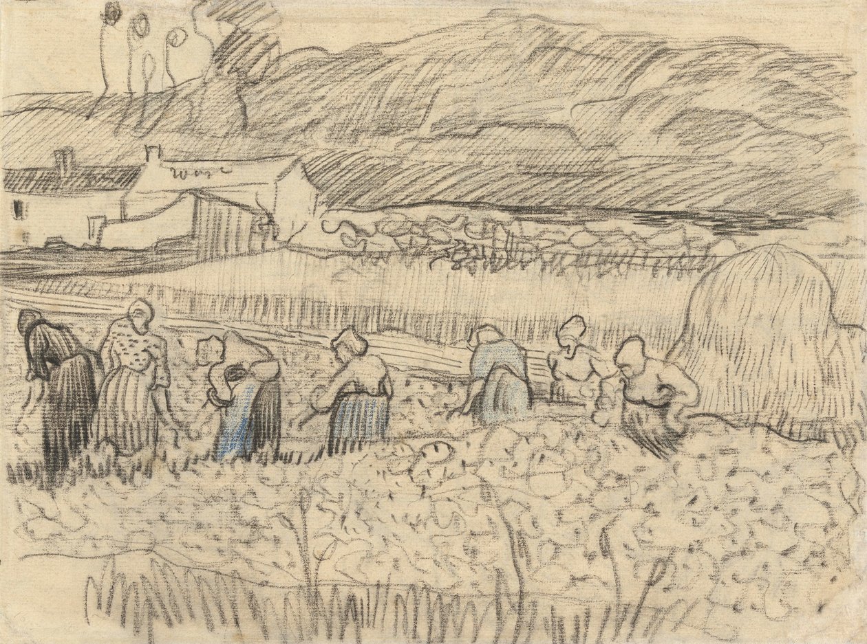 Maisema talonpoikaisten naisten sadonkorjuun kanssa tekijältä Vincent van Gogh