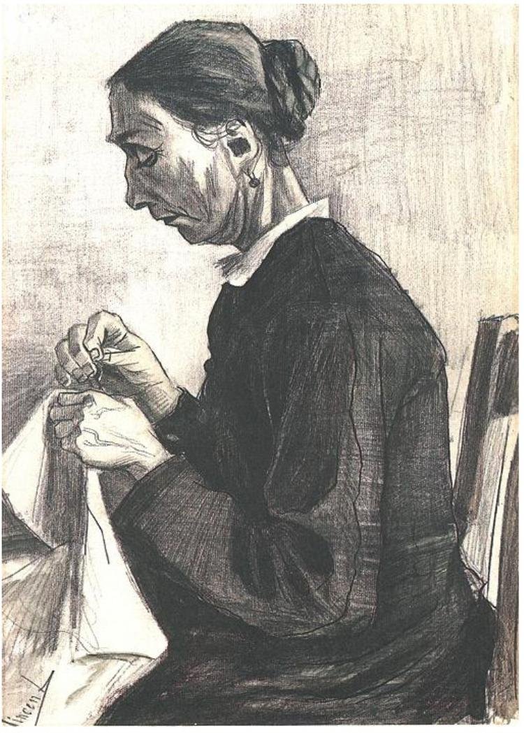 Vanha nainen ompelemassa tekijältä Vincent van Gogh