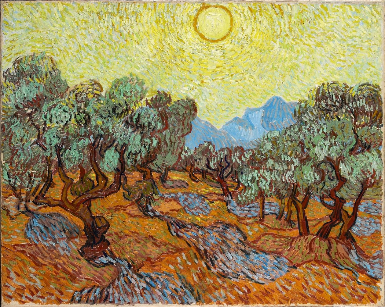 Oliivipuita, keltainen taivas ja aurinko tekijältä Vincent van Gogh