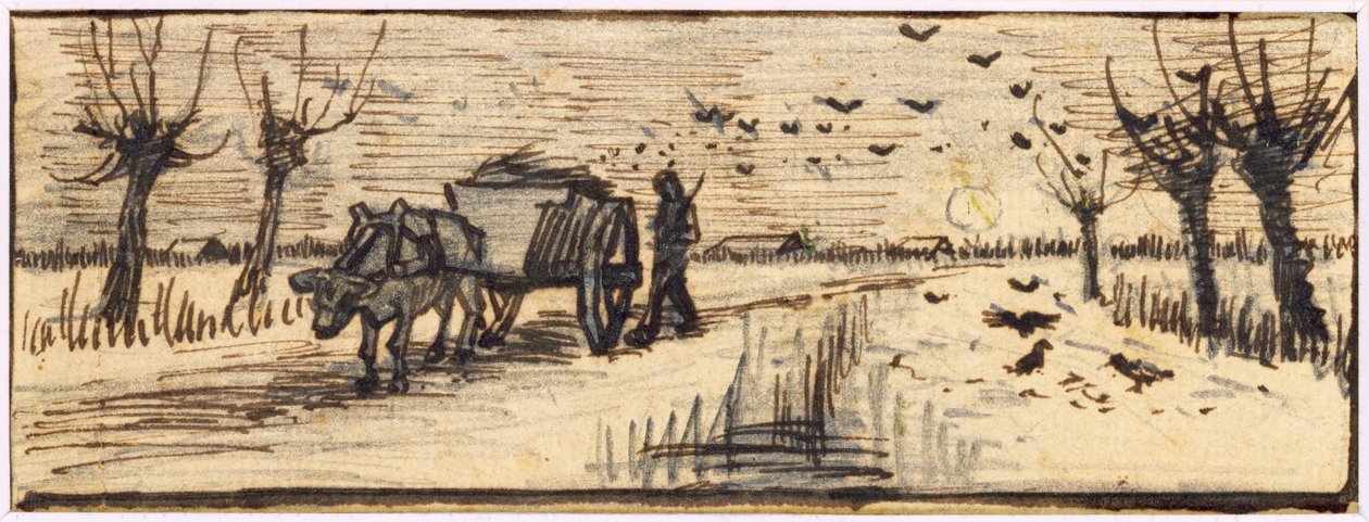 Härkävaunu lumessa, neljästä vuodenaikaa esittävästä piirustussarjasta (lyijykynä, kynä ja ruskea muste paperille) (ks. myös 61644-6). tekijältä Vincent van Gogh