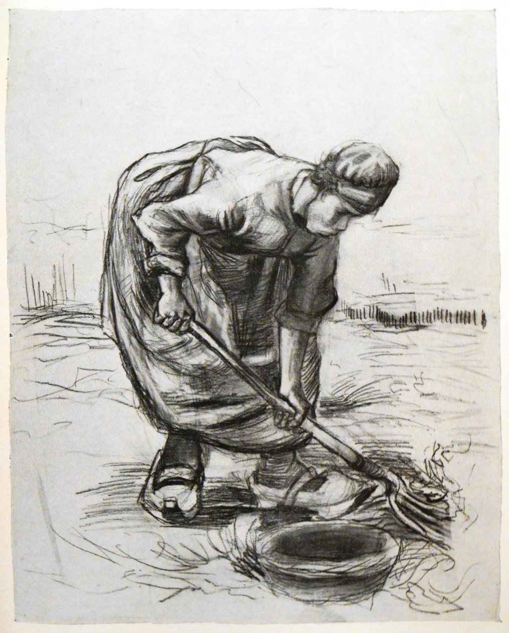 Talonpoika nainen, kaivaa perunoita, korilla tekijältä Vincent van Gogh