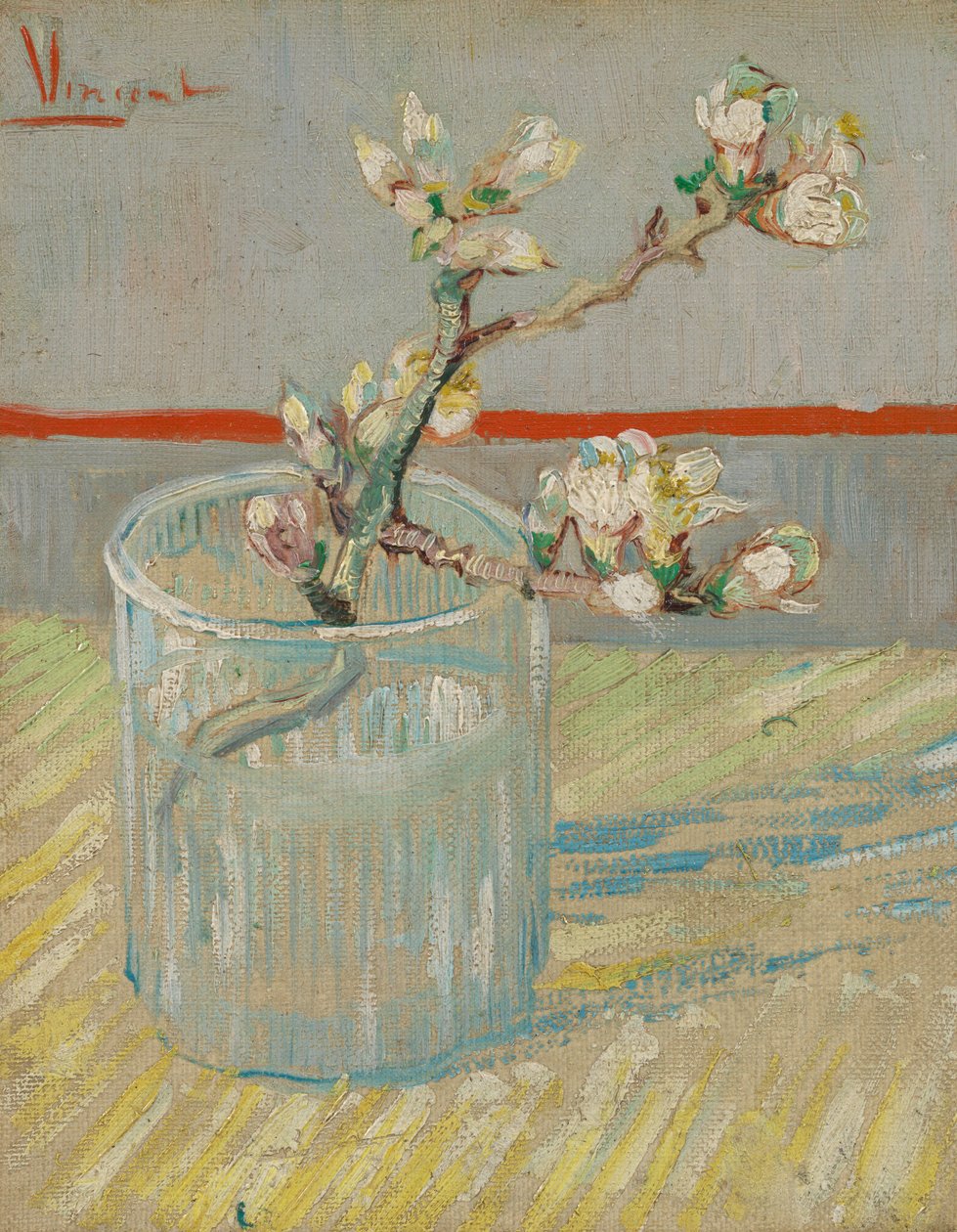 Oksa kukkivaa mantelia lasissa tekijältä Vincent van Gogh