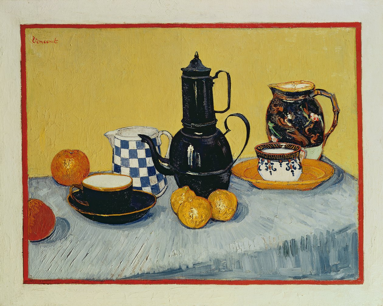 Asetelma, jossa sininen emali kahvipannu, saviastia ja hedelmiä, 1888 tekijältä Vincent van Gogh