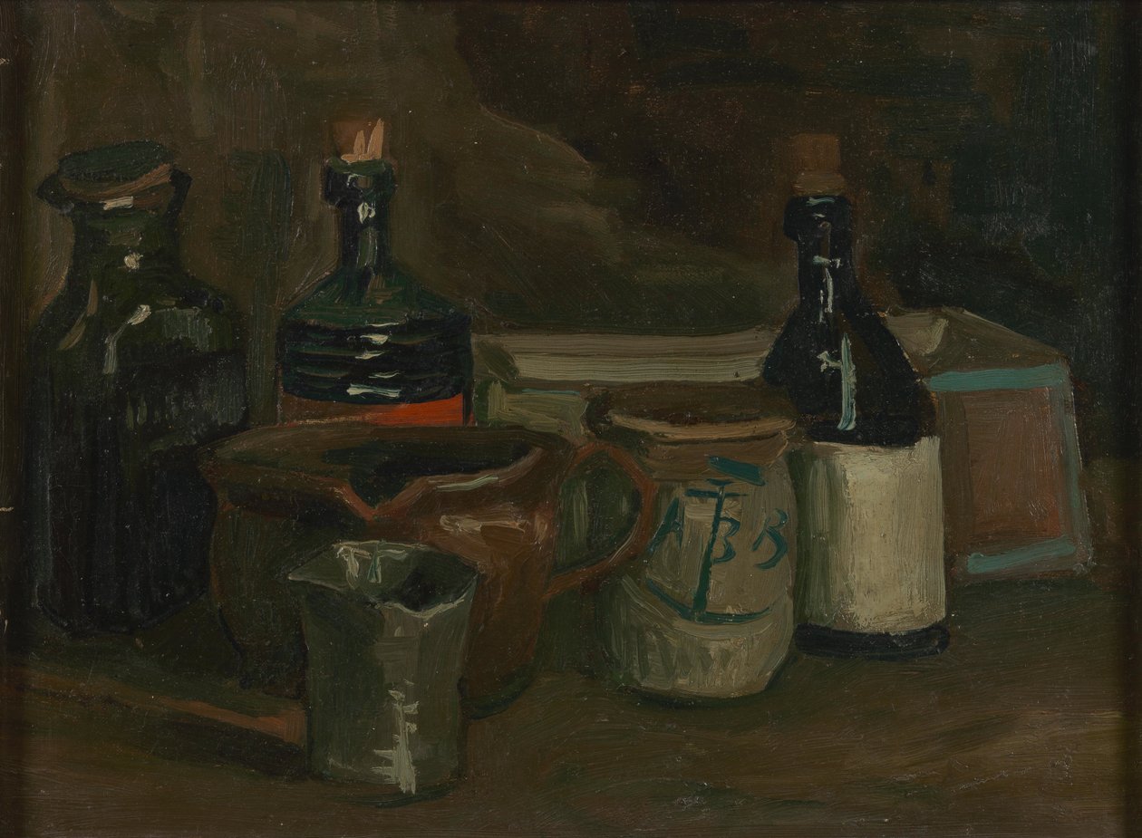 Asetelma pulloilla ja keramiikalla tekijältä Vincent van Gogh