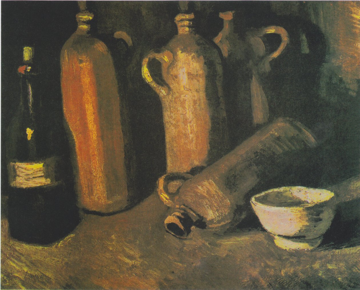 Asetelma neljällä kannulla, pullo ja valkoinen kulho tekijältä Vincent van Gogh