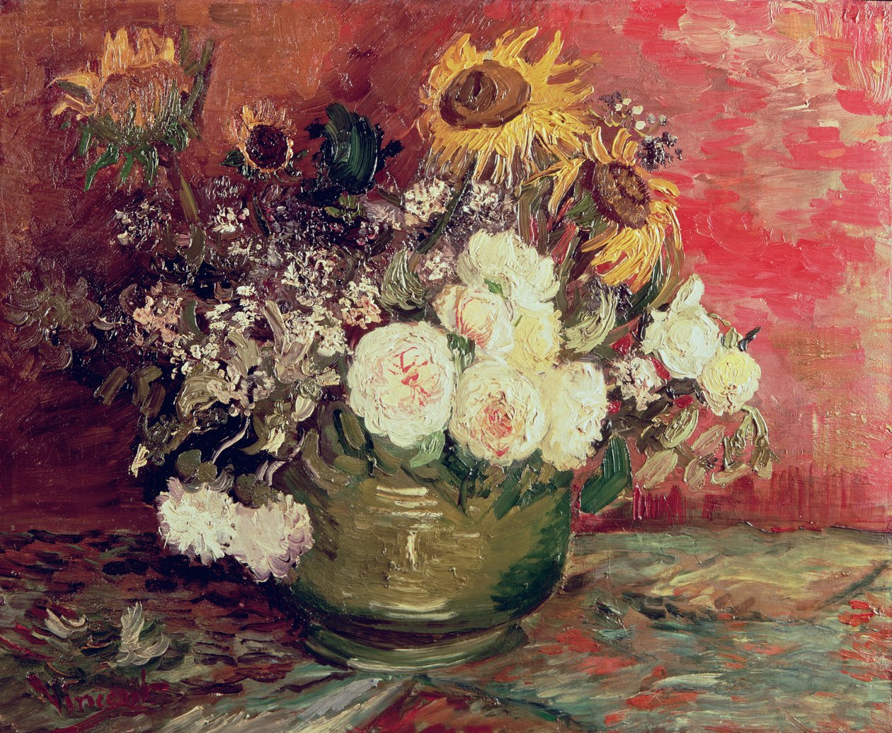 Auringonkukat, ruusut ja muut kukat kulhossa, 1886 tekijältä Vincent van Gogh