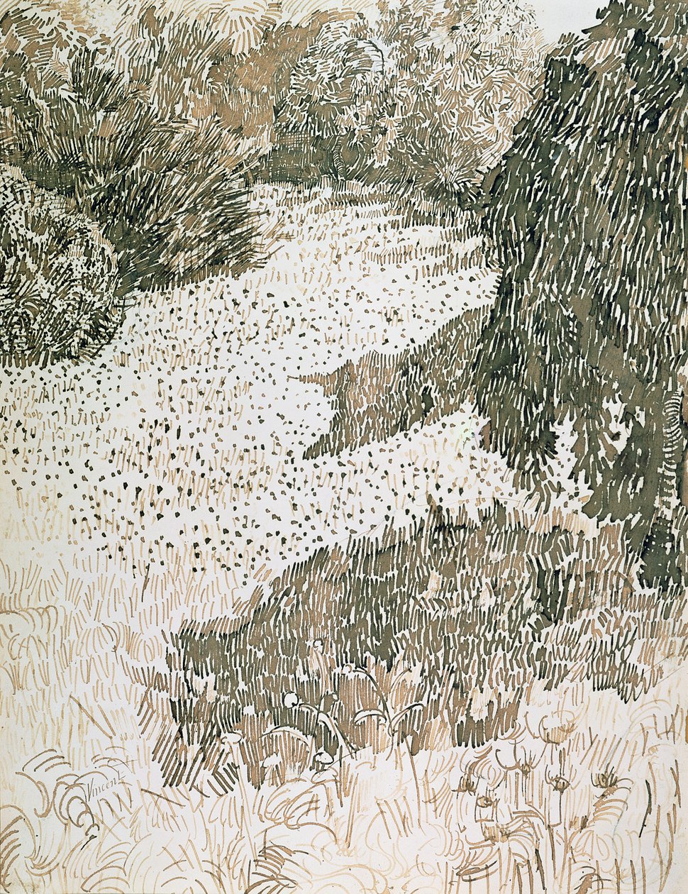 Puiston kulma, 1888 (muste ja kynä paperille) tekijältä Vincent van Gogh