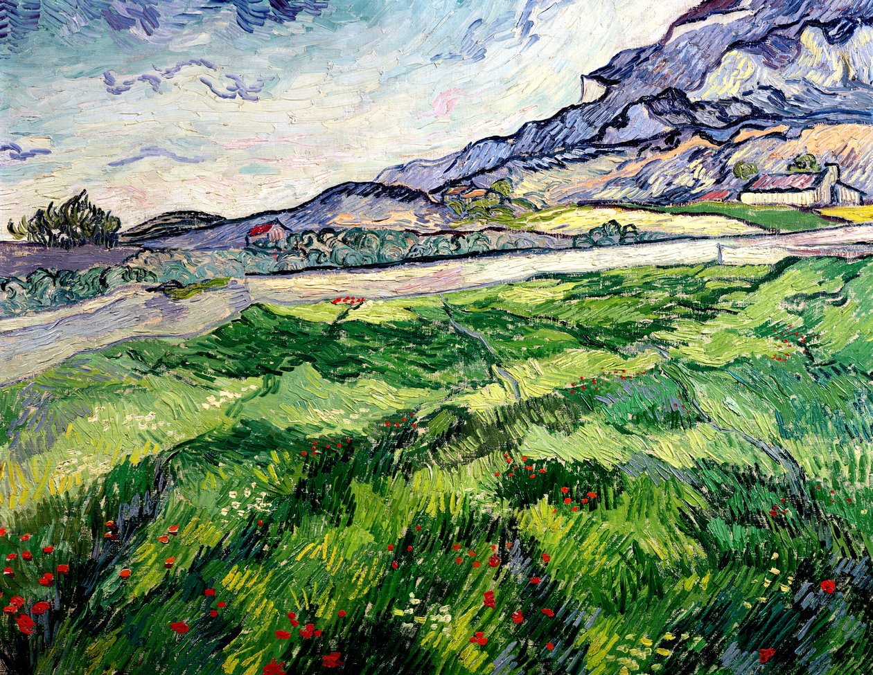 Vihreä vehnäpelto turvapaikan takana, 1889 tekijältä Vincent van Gogh