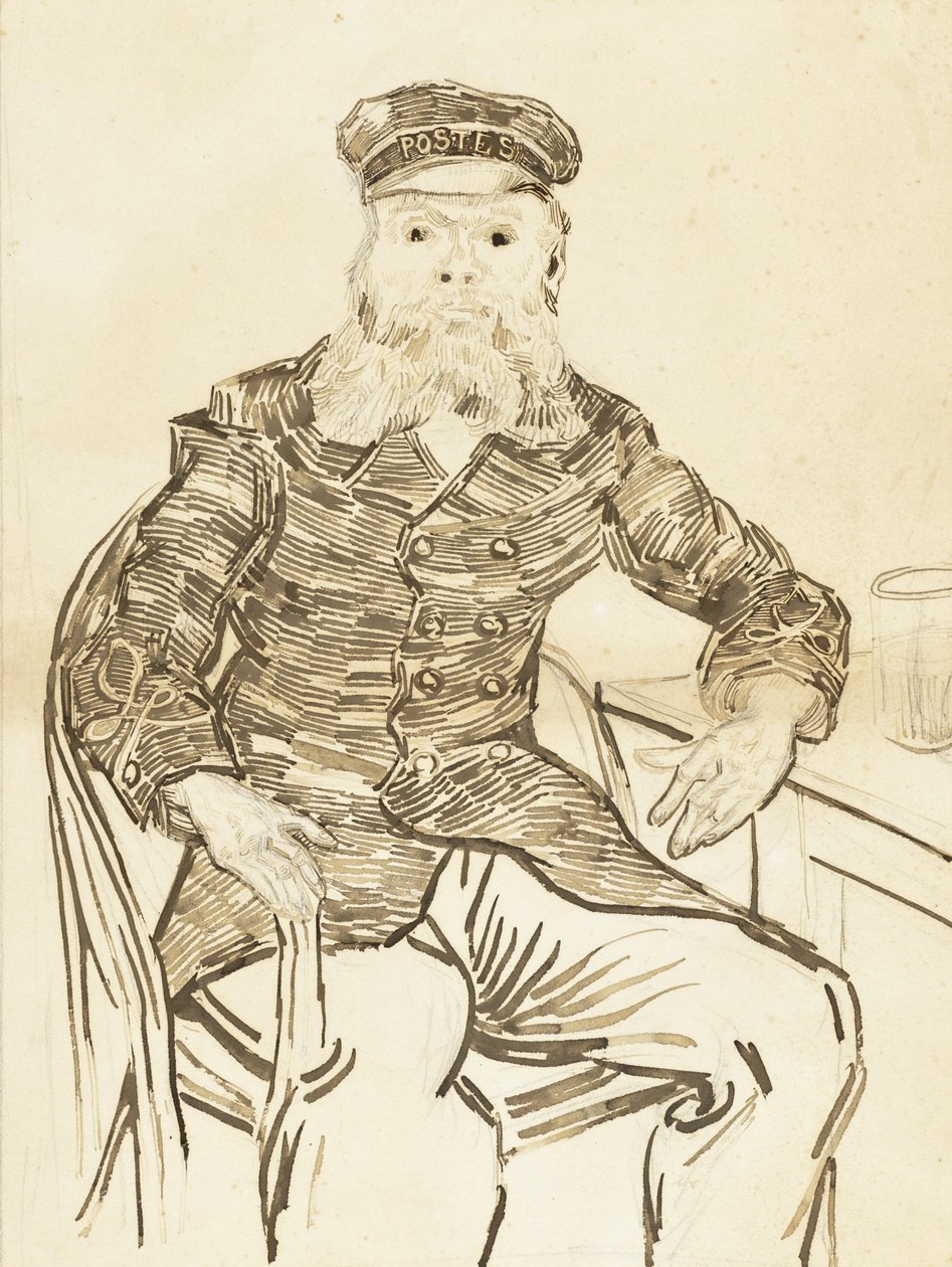 Postimies Joseph Roulin, 1888 (ruskea muste grafiitin päällä paperilla) tekijältä Vincent van Gogh