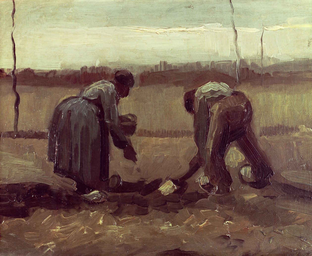 Kaksi talonpoikaa istuttivat perunoita, 1885 tekijältä Vincent van Gogh