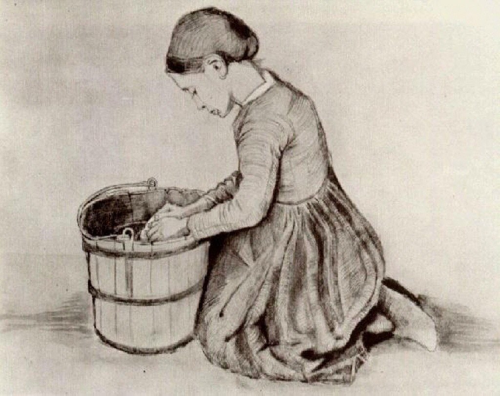Vangogh -tyttö polvistuu edessä kauhan tekijältä Vincent van Gogh