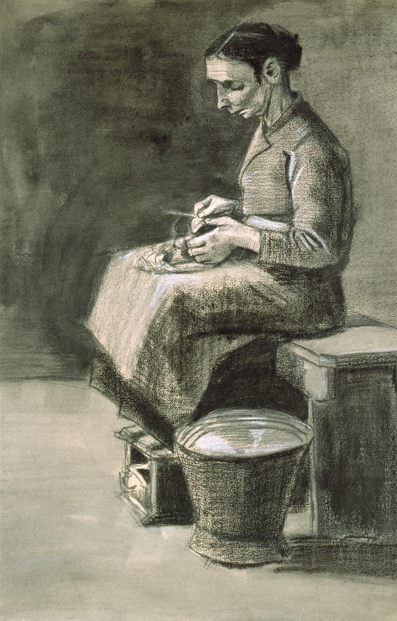 Nainen kuorimassa perunoita, 1882 (musta liitu ja pesu valkoiseksi korotettu paperille) tekijältä Vincent van Gogh
