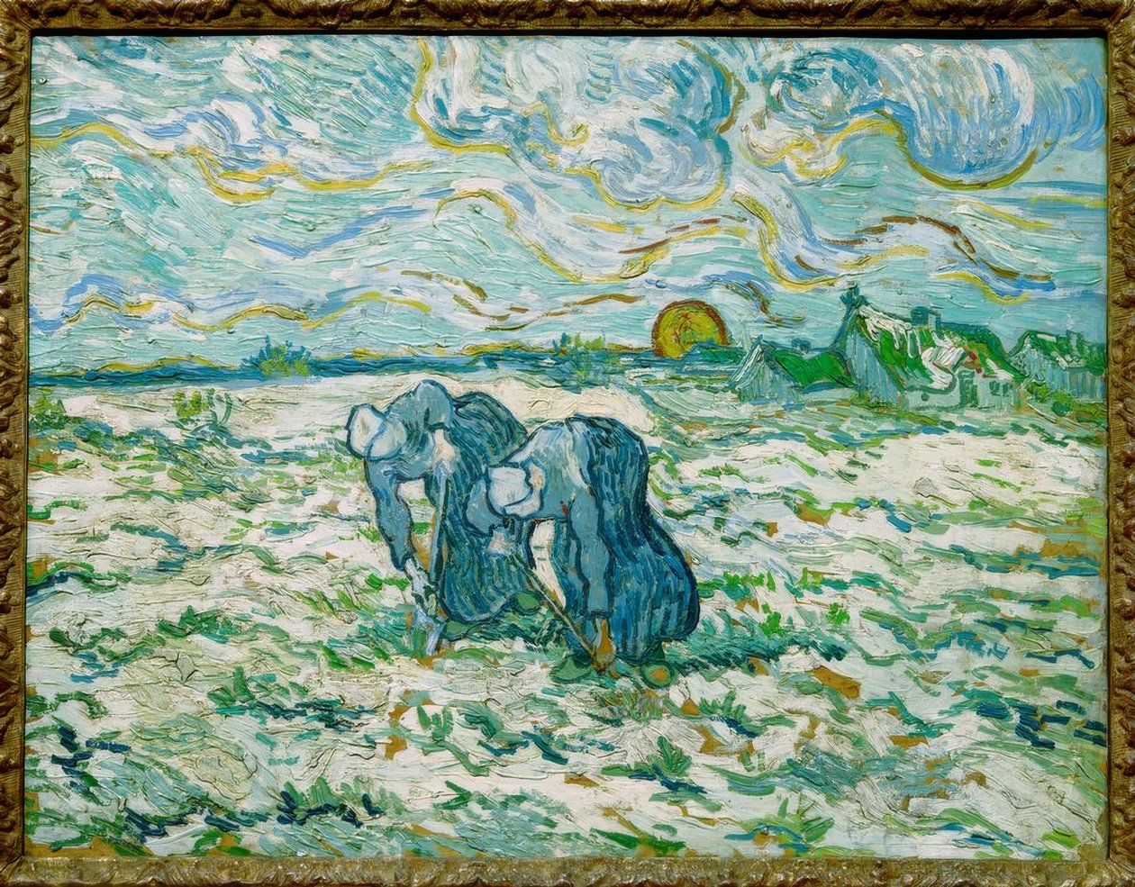 Zwei grabende Bäuerinnen auf schneebedecktem Feld tekijältä Vincent van Gogh