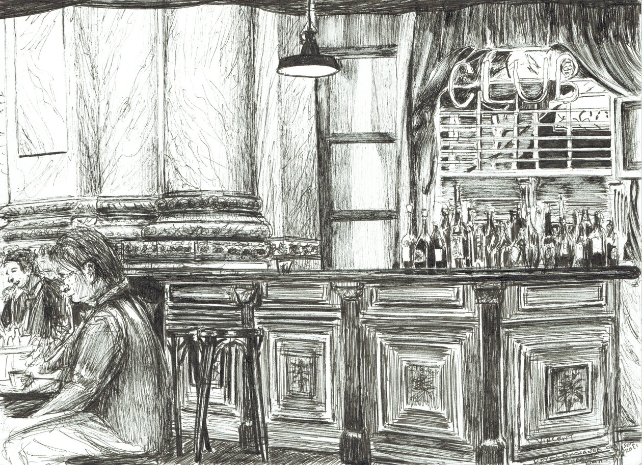 Kahvila Royal Exchangessa, Manchester, 2011, (mustetta paperille) tekijältä Vincent Alexander Booth