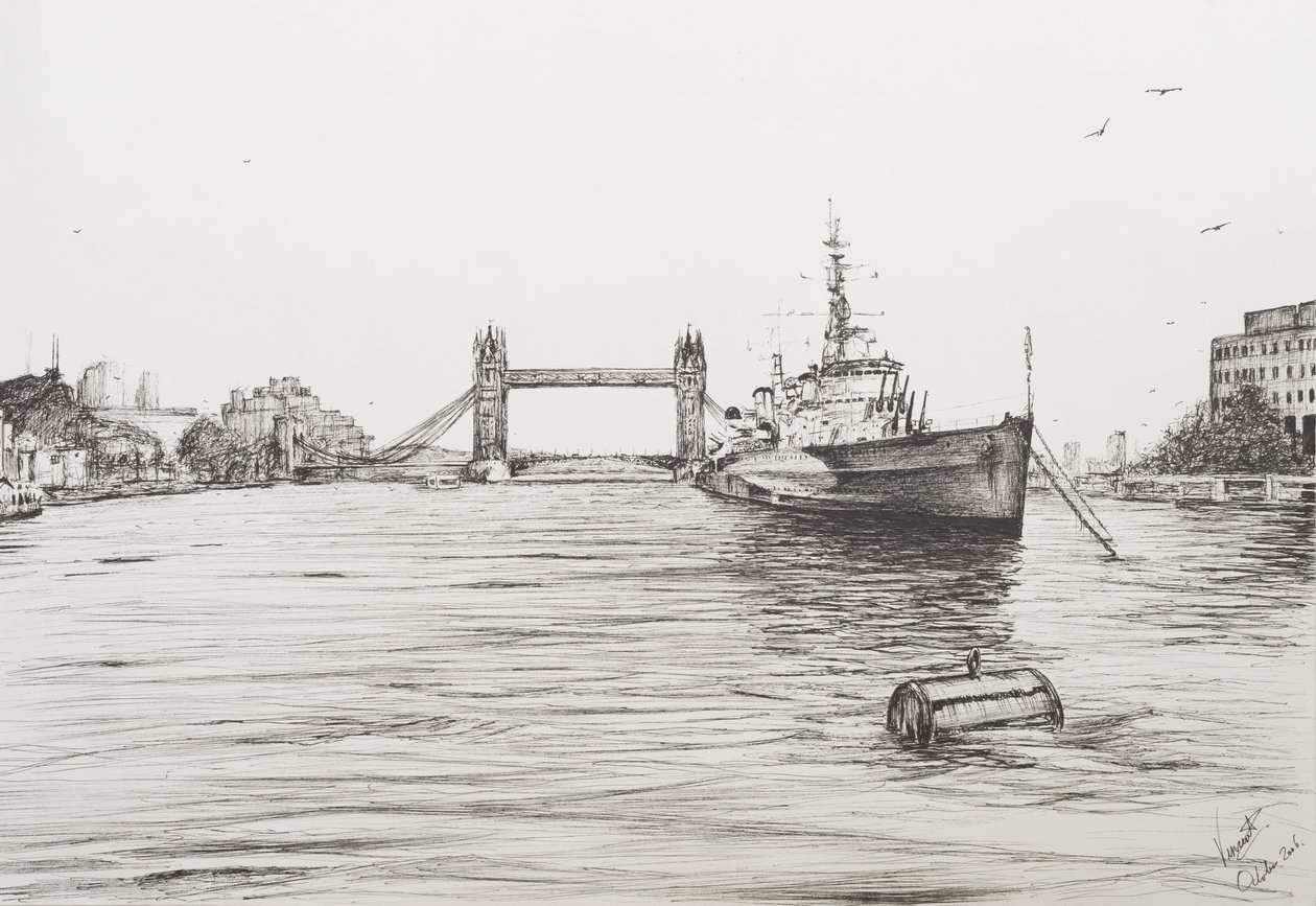 HMS Belfast Thames-joella Lontoossa, 2006, (Tussi paperille) tekijältä Vincent Alexander Booth