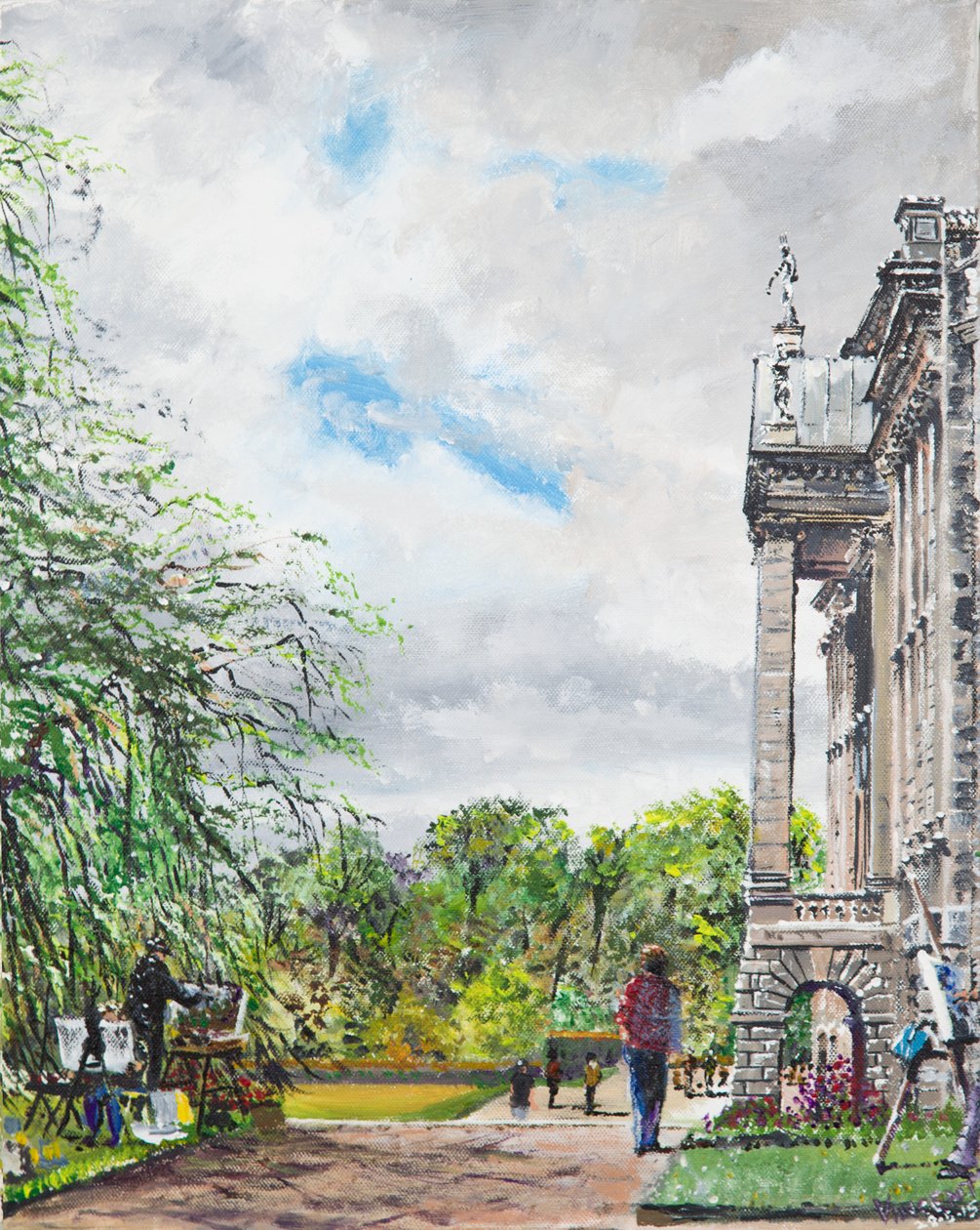 Lyme Park -näkymä taloon ja puutarhaan, 2015, (akryyli kankaalle) tekijältä Vincent Alexander Booth