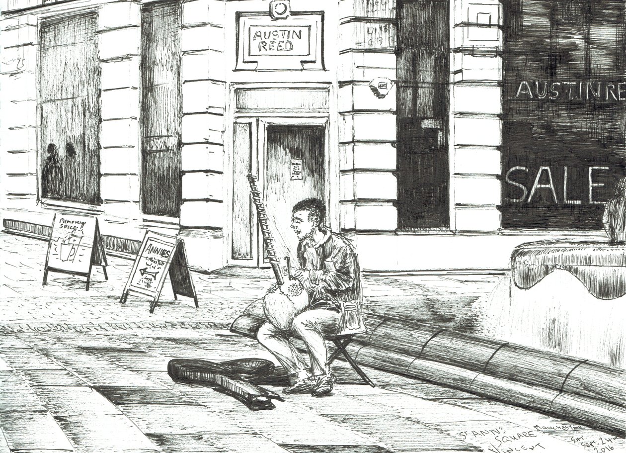 Muusikko St. Anns Square, 2016, (muste paperille) tekijältä Vincent Alexander Booth