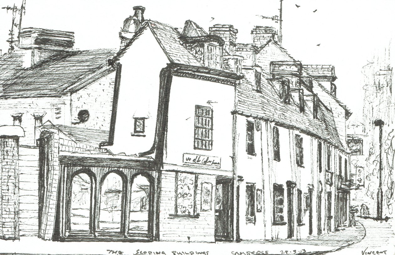 Kaltevat rakennukset Cambridge, 2003, (muste paperille) tekijältä Vincent Alexander Booth