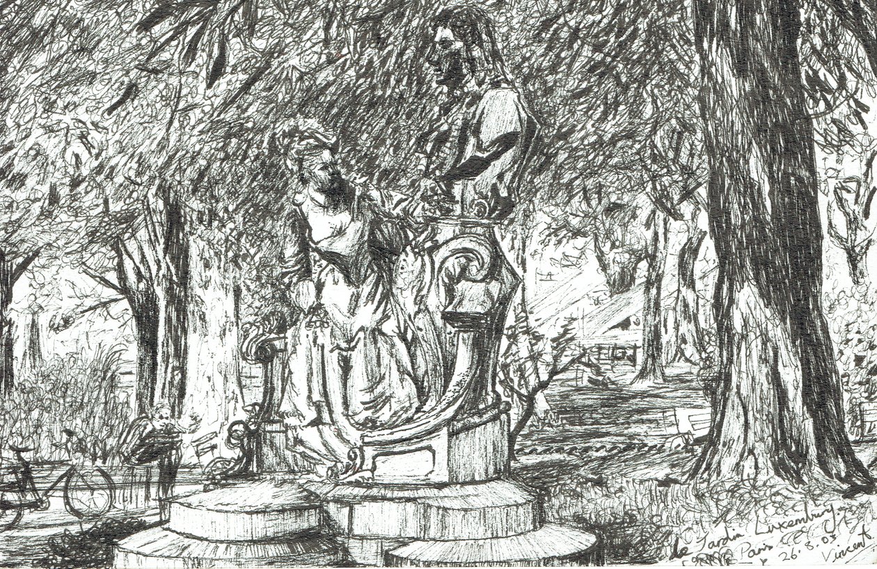 Patsas Jardin Luxembourgissa Pariisissa, 2003, (muste paperille) tekijältä Vincent Alexander Booth