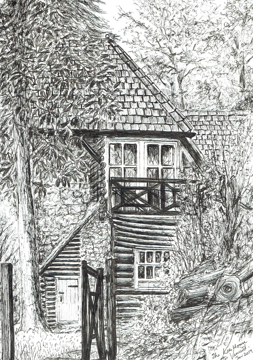Hirsitalo, 2019, (muste paperille) tekijältä Vincent Alexander Booth