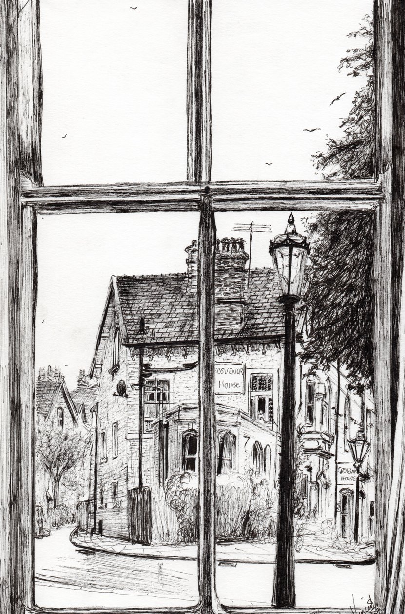 Näkymä Old Hall Hotel Buxtonista, 2009, (muste paperille) tekijältä Vincent Alexander Booth