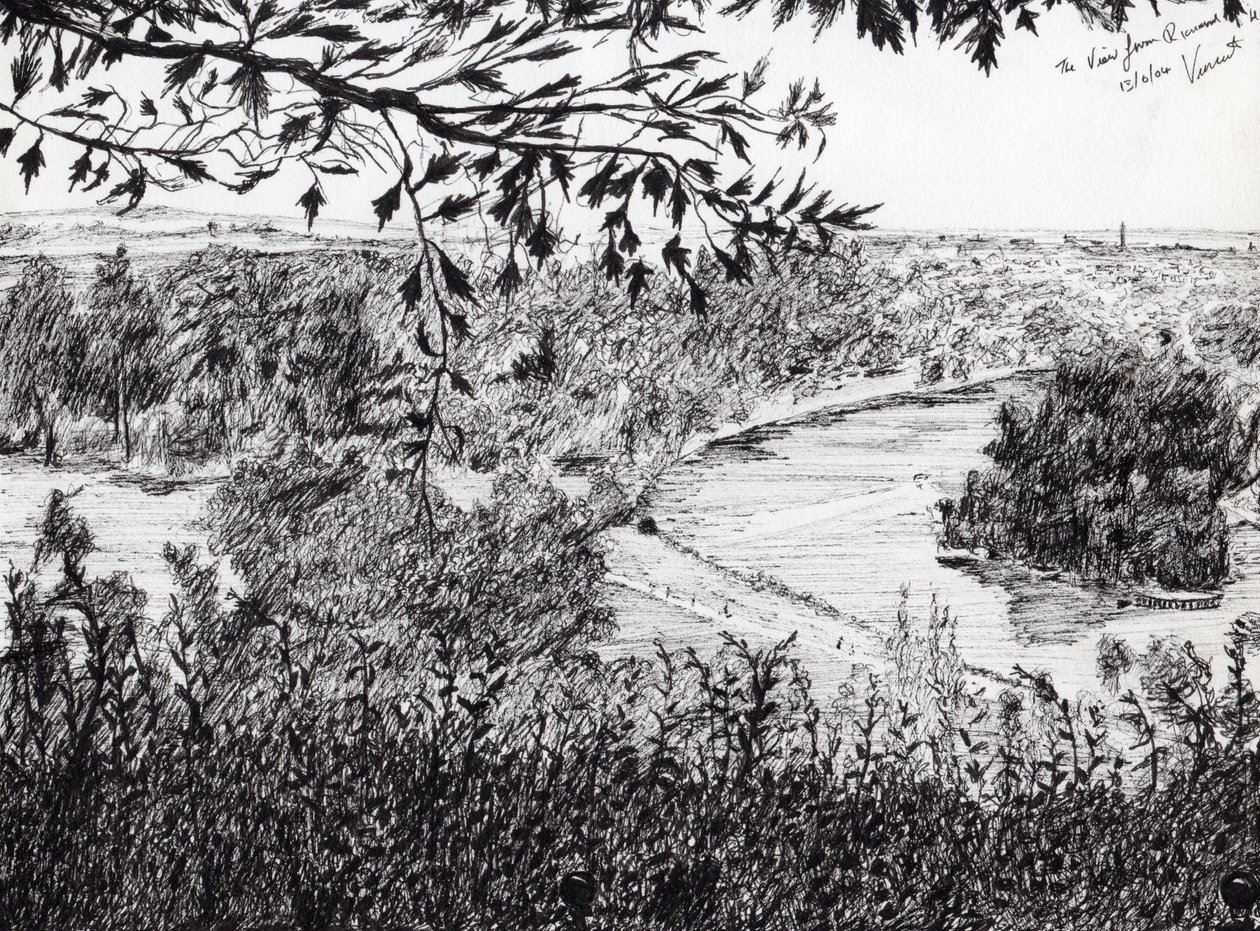 Näkymä Richmond Hillistä Lontoosta, 2004, (tussi paperille) tekijältä Vincent Alexander Booth