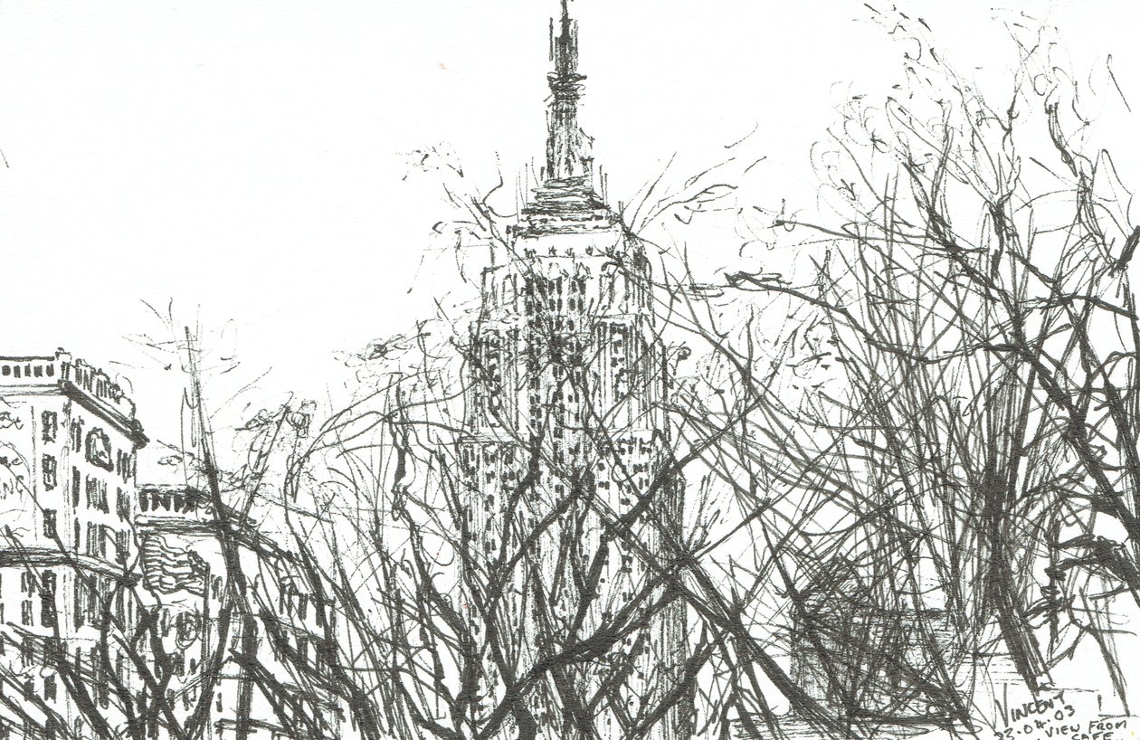 Näkymä New Yorkin kahvilasta, 2003, (Tussi paperille) tekijältä Vincent Alexander Booth