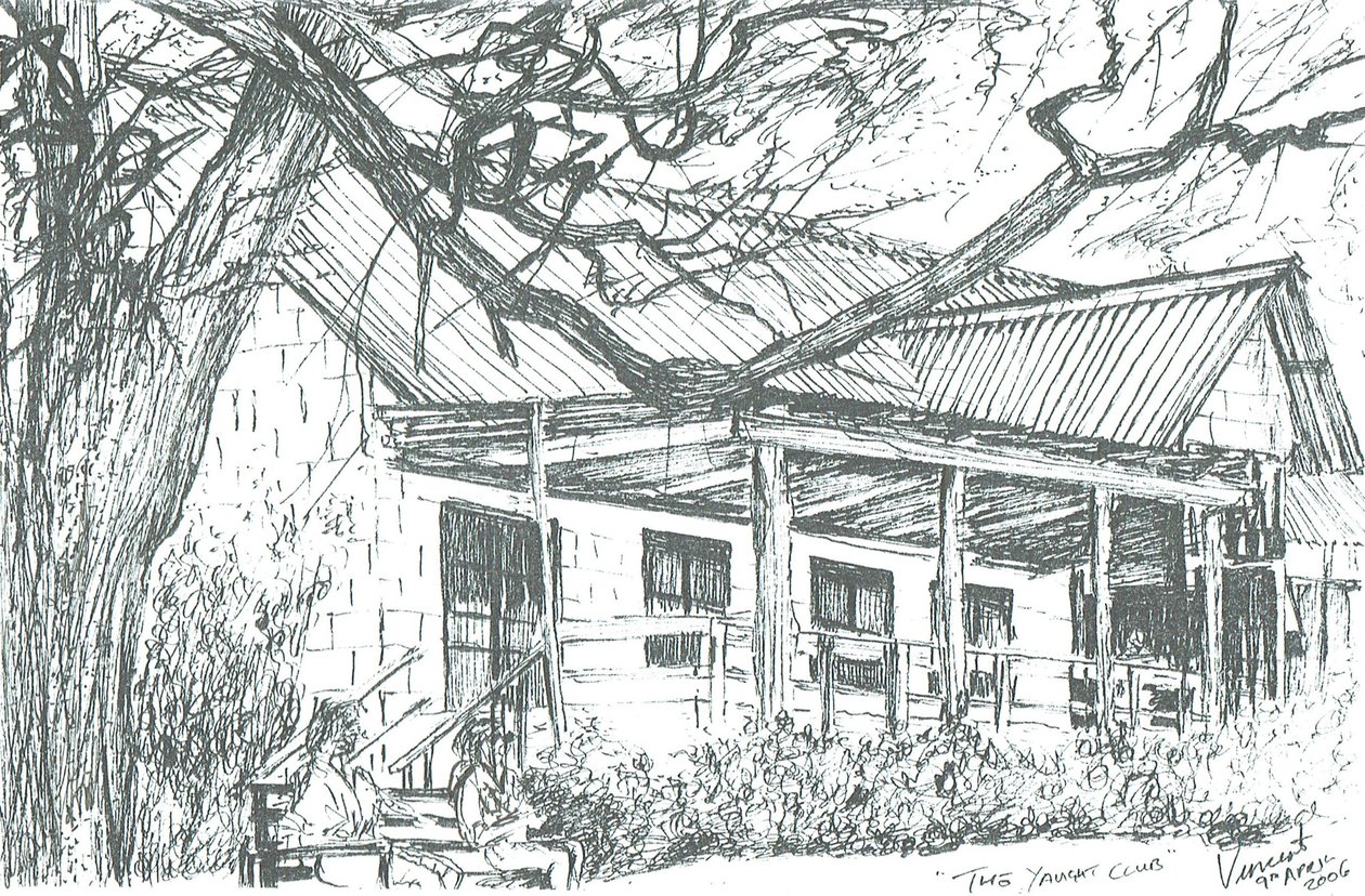 Yacht club Lake Naivasha;Kenya; 2006; (mustetta paperille) tekijältä Vincent Alexander Booth