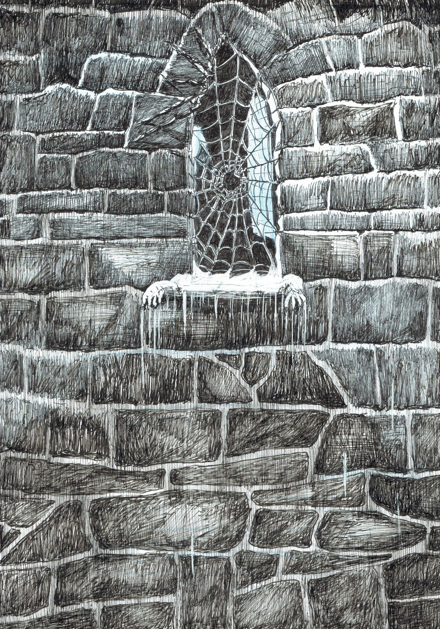 sivu 11, Linna Findhornin metsässä, 2006, (muste paperille) tekijältä Vincent Alexander Booth