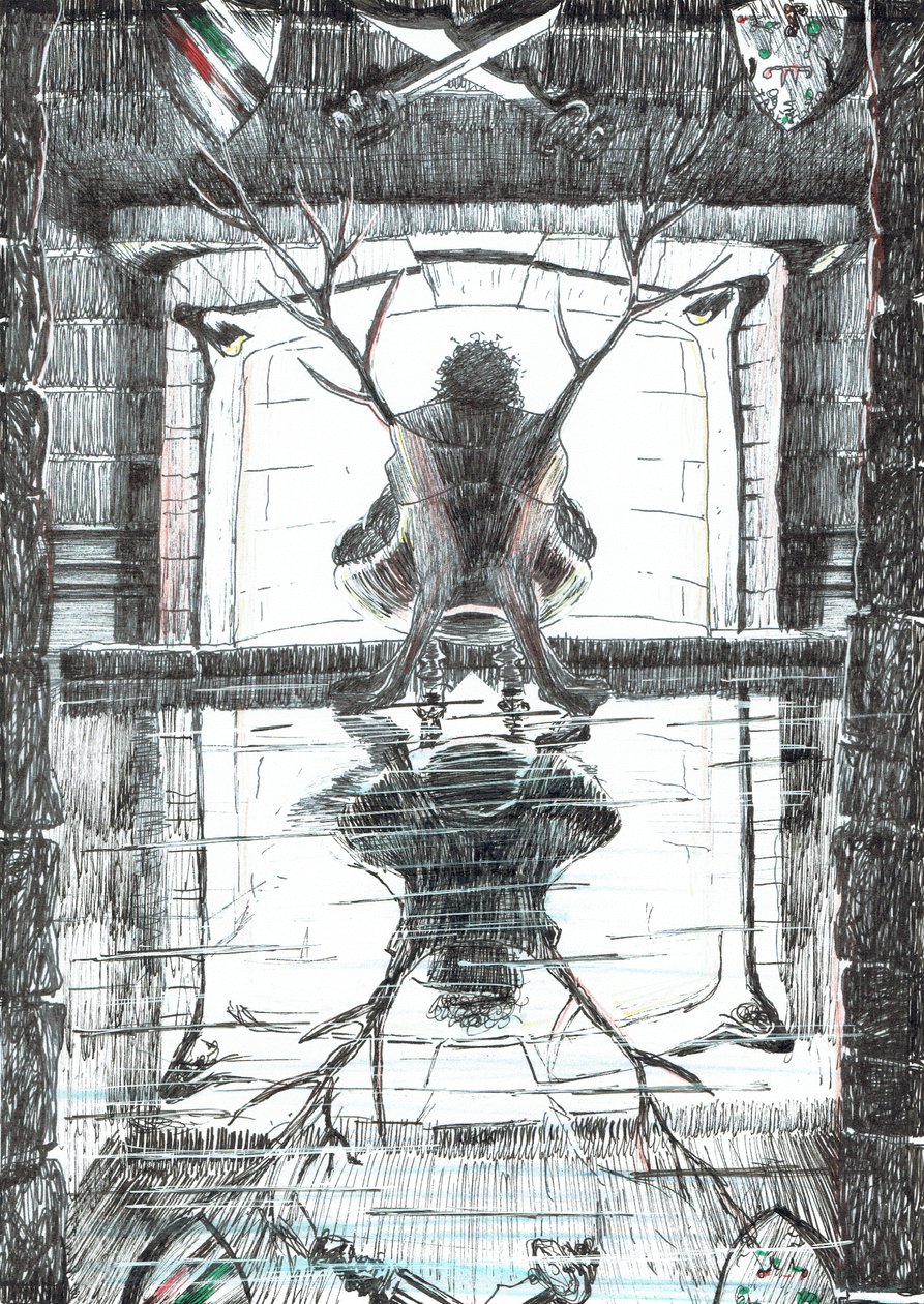 sivu 15, Linna Findhornin metsässä, 2006, (muste paperille) tekijältä Vincent Alexander Booth