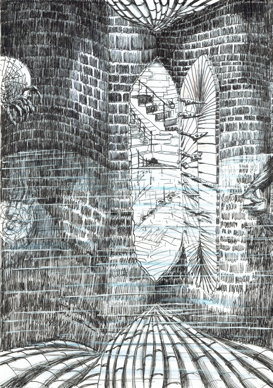 sivu 23, Linna Findhornin metsässä, 2006, (muste paperille) tekijältä Vincent Alexander Booth