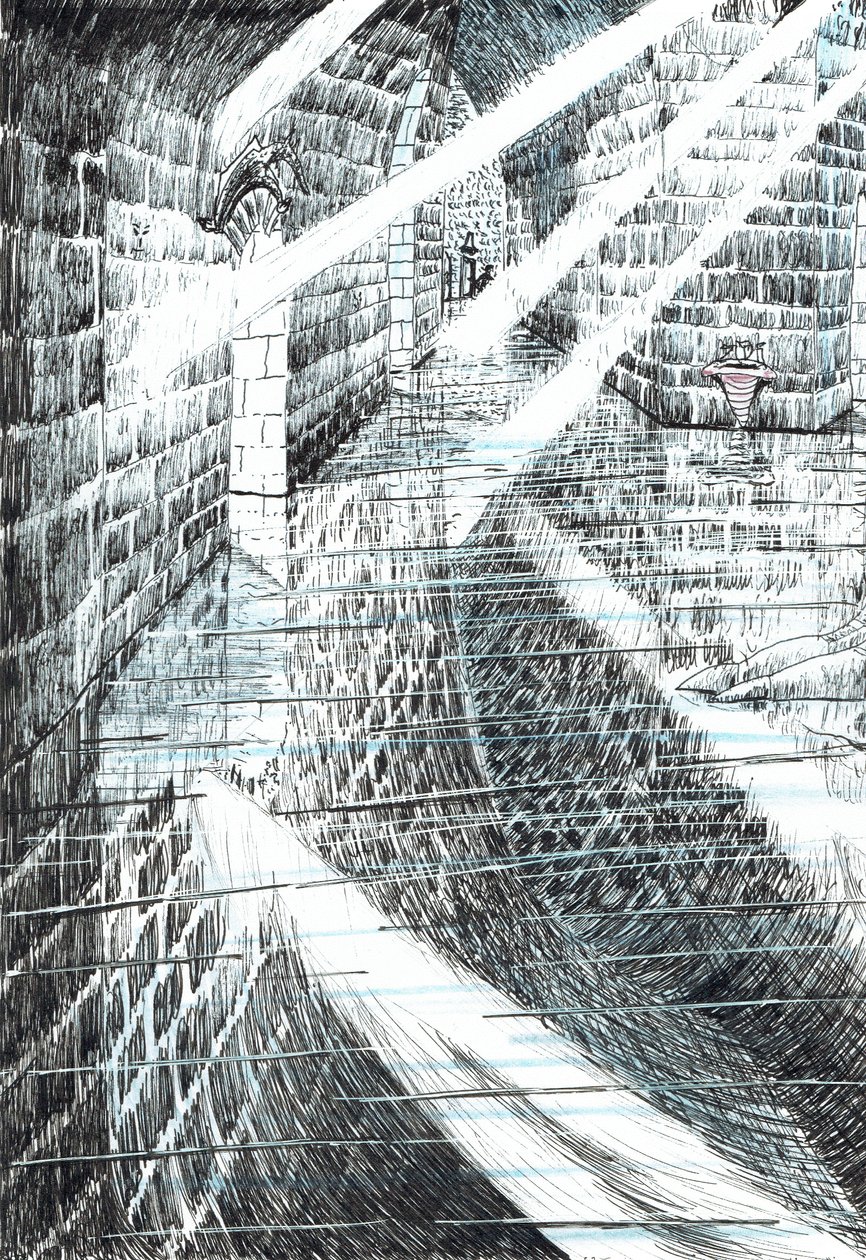 sivu 25, Linna Findhornin metsässä, 2006, (muste paperille) tekijältä Vincent Alexander Booth