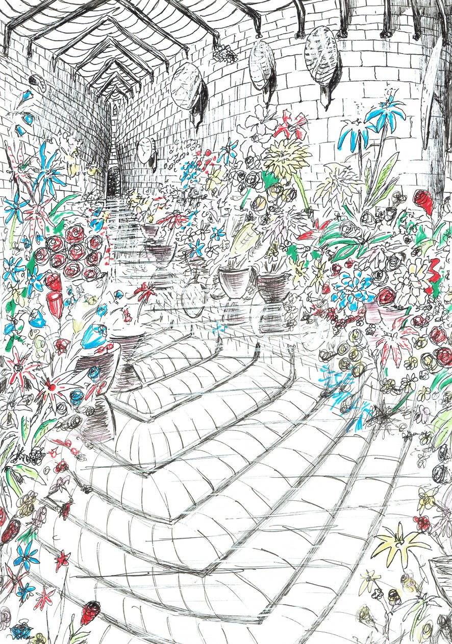 sivu 37, Linna Findhornin metsässä, 2006, (muste paperille) tekijältä Vincent Alexander Booth