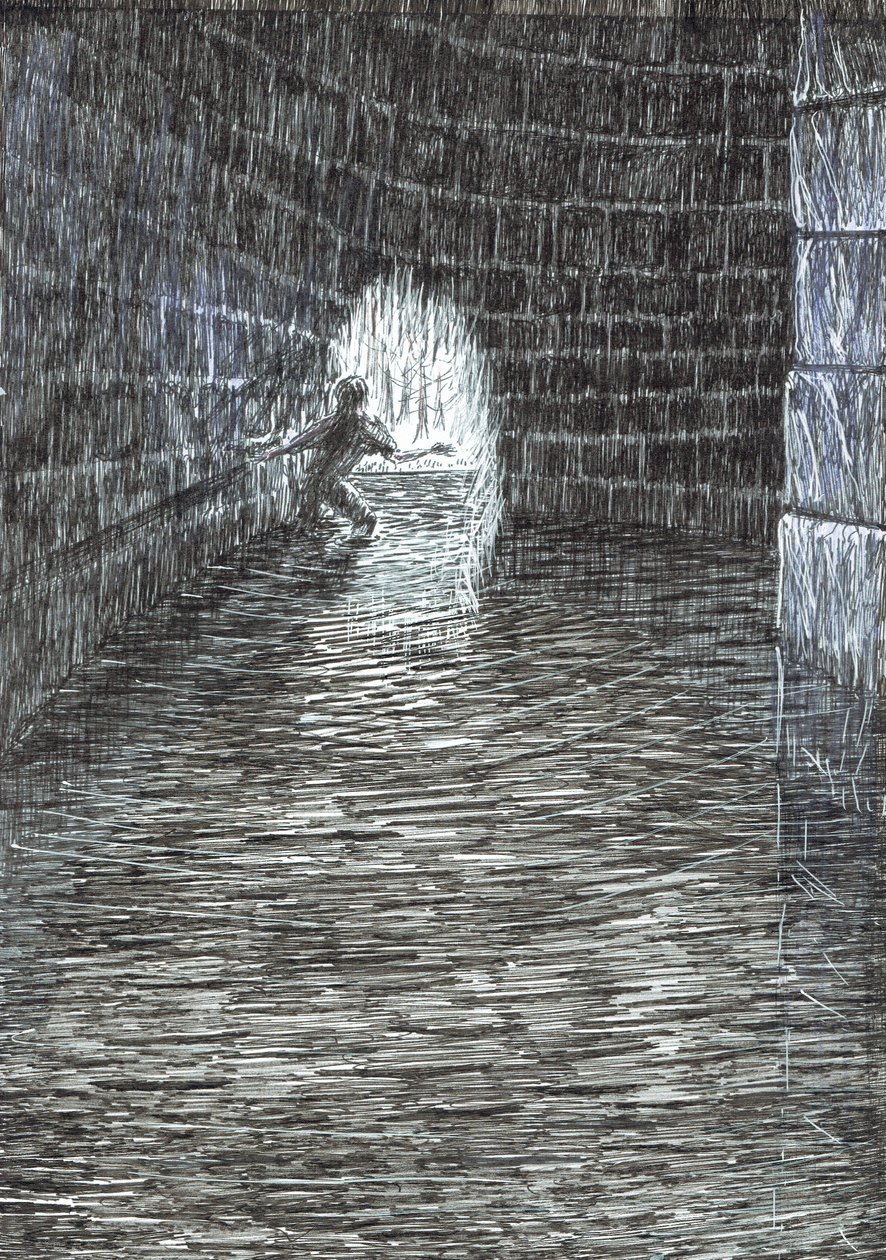 sivu 47, Linna Findhornin metsässä, 2006, (muste paperille) tekijältä Vincent Alexander Booth