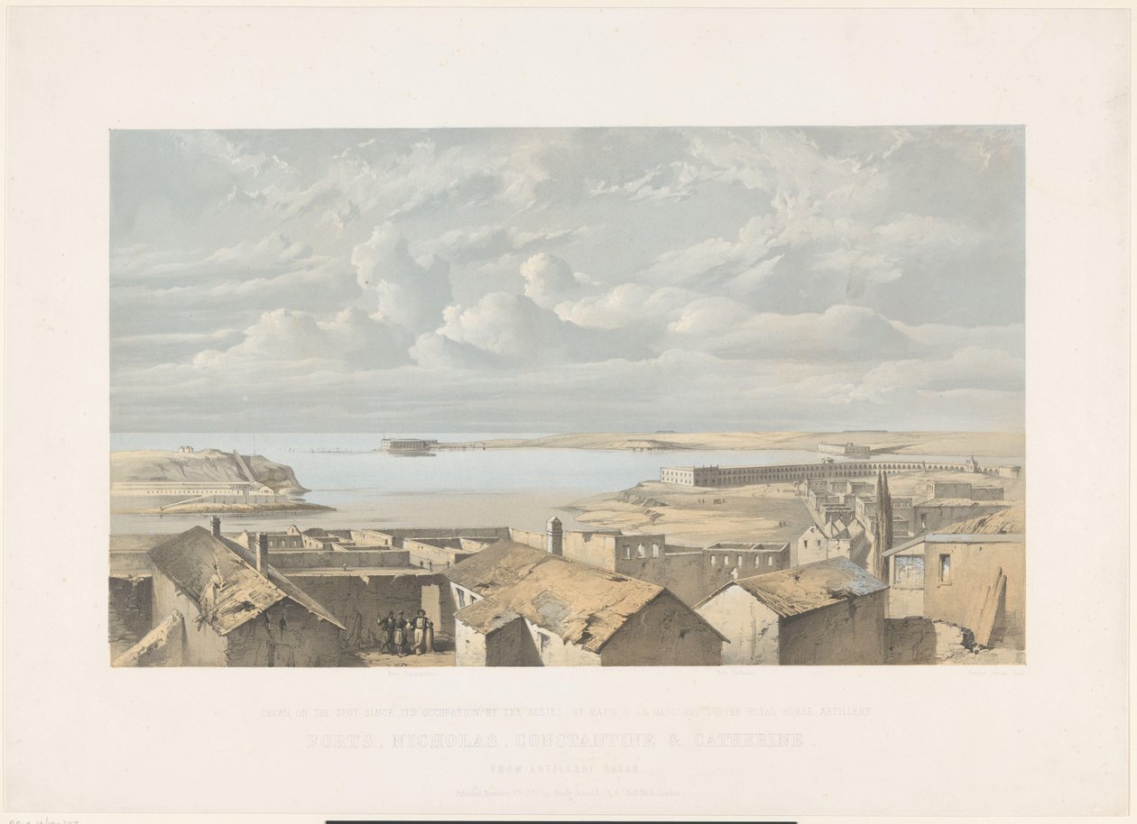 Nikolauksen, Konstantinuksen ja Katariinan linnoitukset Krimillä, 1855 Linnoituksia, Nikolai, Constantine & Catherine (otsikko esineessä) tekijältä Vincent Brooks