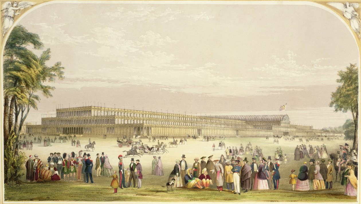 Suuri näyttely, 1851: näkymä rakennuksesta, jonka on suunnitellut arkkitehti Joseph Paxton tekijältä Vincent Brooks