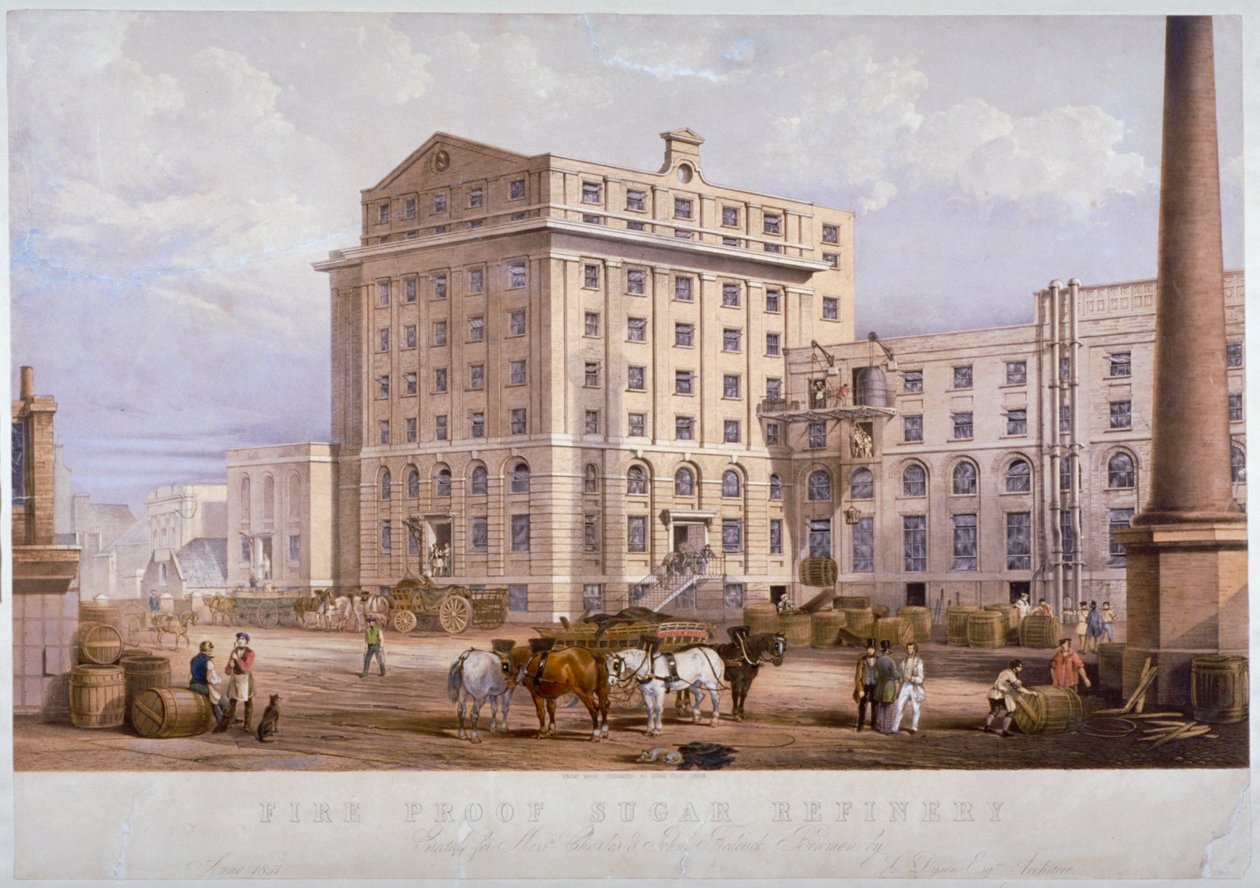 Sokerinjalostamo Leman Streetissä, Stepneyssä, Lontoossa, 1851 tekijältä Vincent Brooks