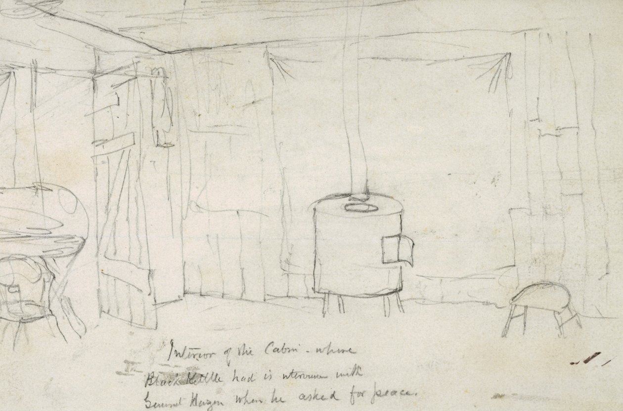 Mökin sisustus, jossa Black Kettle oli väliaikana kenraali Hazenin kanssa, kun tämä pyysi rauhaa, 1869-71 tekijältä Vincent Colyer