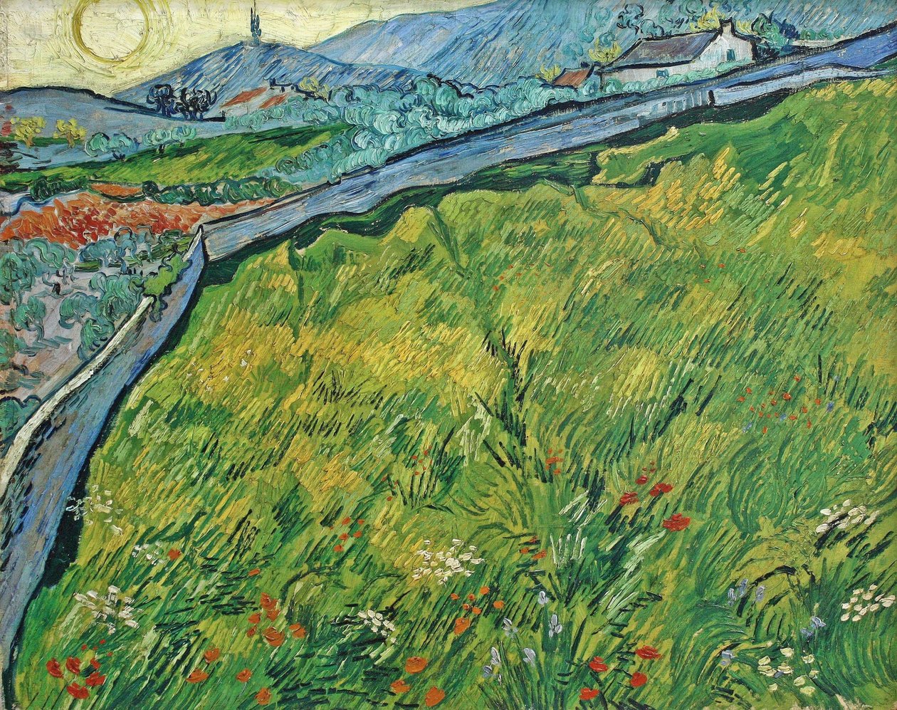 Suljettu vehnäpelto, jossa nouseva aurinko, 1889. tekijältä Vincent van Gogh