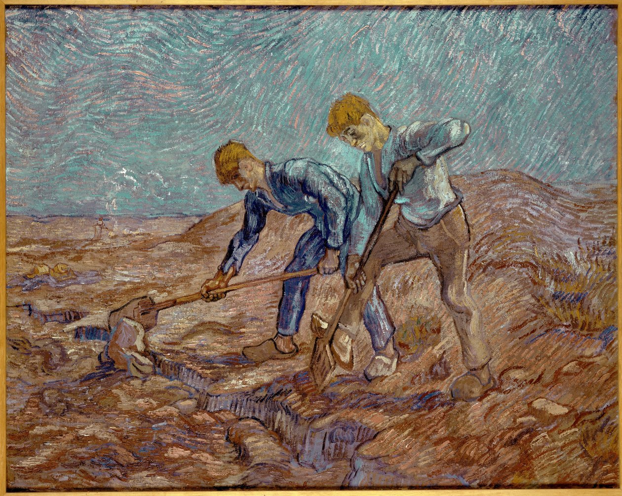 Kaksi talonpoikaa kaivamassa hirssiä, 1889. tekijältä Vincent van Gogh