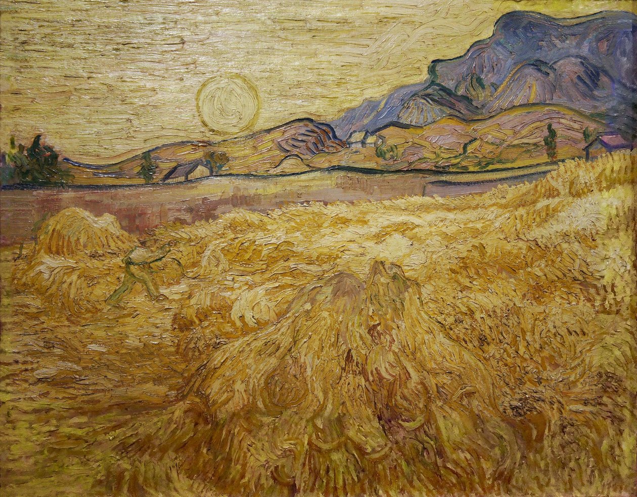 Vehnäpelto niittokoneella ja aurinkolla, 1889. tekijältä Vincent van Gogh