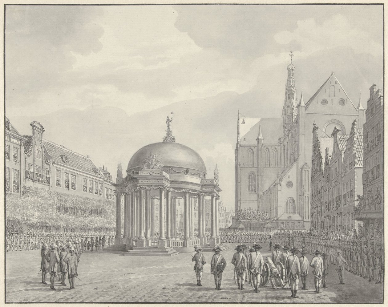 Hallituksen määräysten vannominen Grote Marktista Haarlemissa, 5. syyskuuta 1787 tekijältä Vincent Jansz. van der Vinne