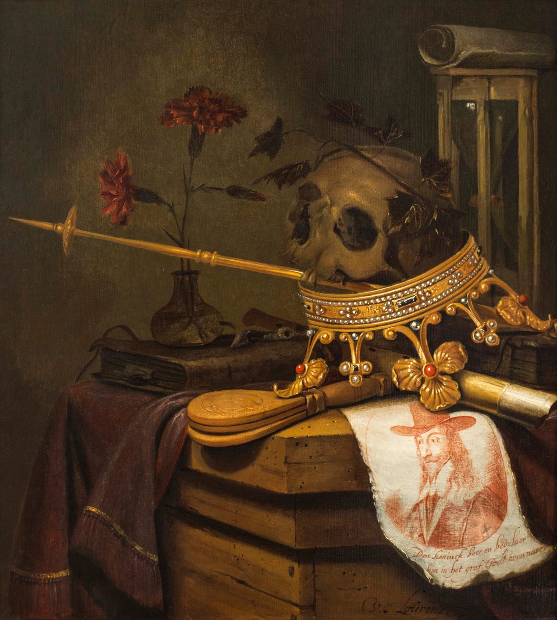 Vanitas-asetelma, jossa on pääkallo, kruunu, valtikka, huilu, palkeet, tiimalasi, neilikoita lasimaljakossa, käärö, kirja ja kaiverrettu muotokuva Kaarle I:stä tekijältä Vincent Laurensz van der Vinne