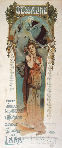 Juliste, joka mainostaa Theater de Monte Carlossa vuonna 1898 musiikin sävellettyä runoa "Messaline" (värilitho) tekijältä Vincent Lorant Heilbronn