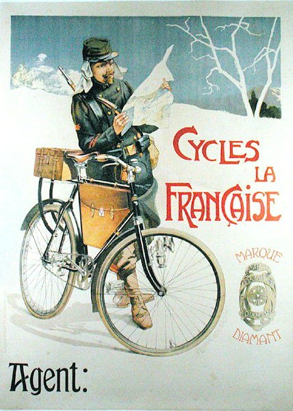Sotilas polkupyörällään lukemassa karttaa, juliste, joka mainostaa polkupyöriä "La Francaise" (värinen lito) tekijältä Vincent Lorant Heilbronn