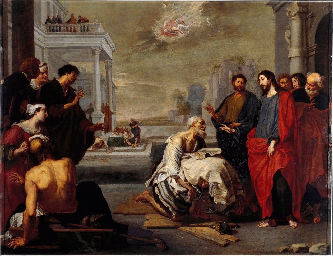 Jeesus huolestutti ihmeen kautta halvaantuneen Vincent Malon (n. Genes, Palazzo Spinolan kansallisgalleria Italiassa tekijältä Vincent Malo