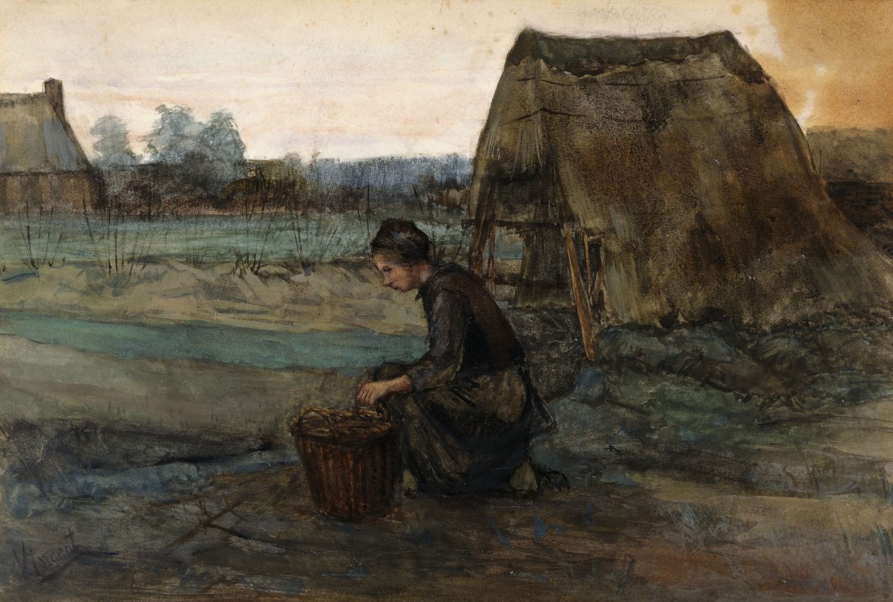 Polvistuva talonpoikanainen kotan edessä; Talonpoikanainen polvistumassa majan edessä, 1883 tekijältä Vincent van Gogh